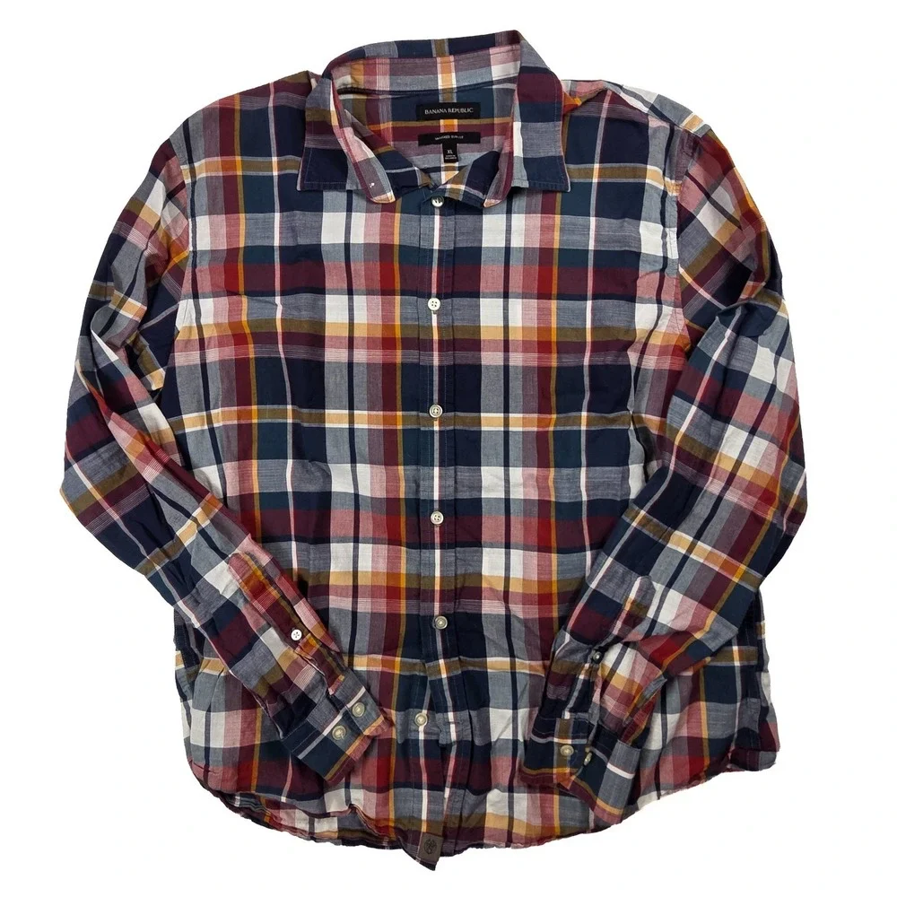 Banana Republic Untucked Slim Fit Blue Plaid Long Sleeve Men's Size XL